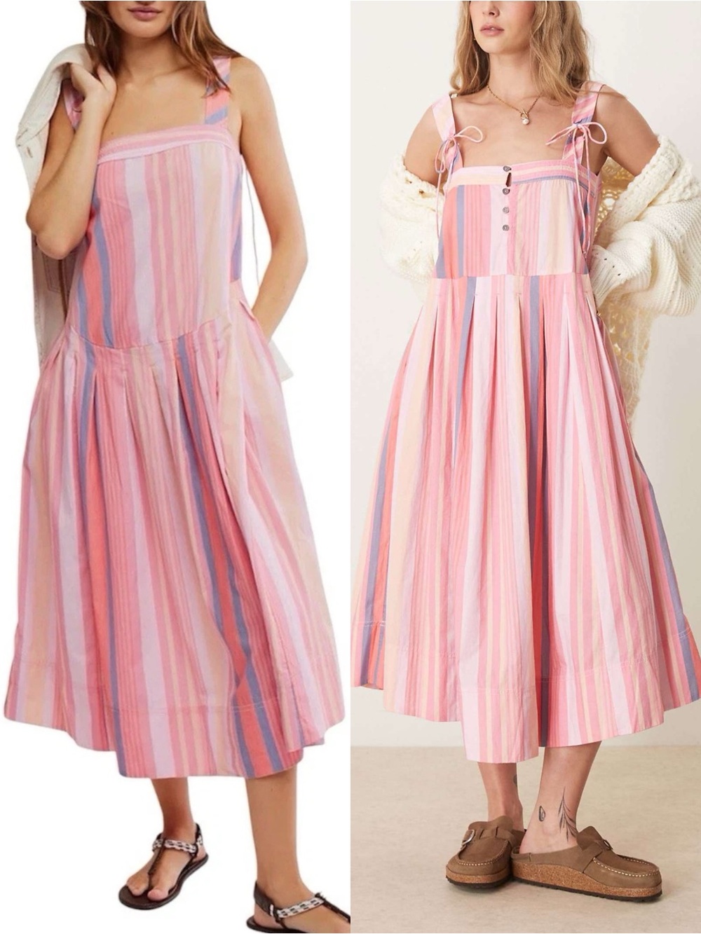 NEW Free People Primavera Pink Striped Drop Waist Midi Dress NWT Reversible. G54